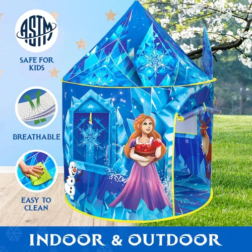Vista 6 de W&O Tienda de campaña de princesa congelada para niñas con botón de sonido mágico, luces LED, corona y varita – Tienda de campaña congelada