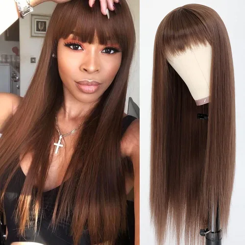 Vista 29 de QD-Tizer Pelucas sintéticas de color rubio ceniza con flequillo, pelucas de cabello largo y lacio, sin pegamento, pelucas sintéticas sin encaje