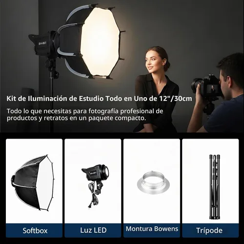 Vista 7 de Kit de iluminación Softbox, 12"/30cm 2700-6500K LED luz de video