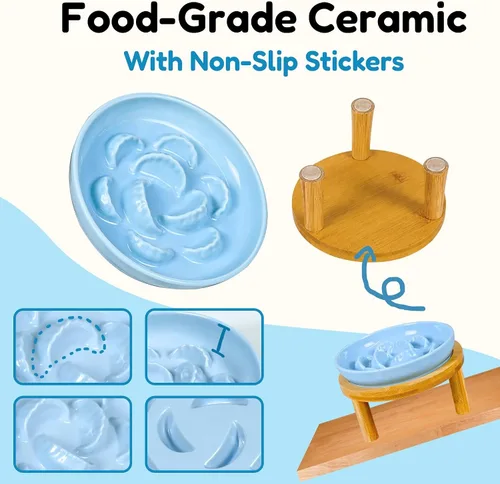 Vista 5 de Cuencos elevados de cerámica para gatos con soporte de bambú, platos elevados de comida para mascotas para gatos y perros pequeños, comedero