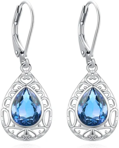 Vista 43 de Aretes colgantes de plata de ley con diseño de árbol de la vida, flor, abeja, animales, gato, colibrí, piedra lunar, turquesa, aretes con cierre