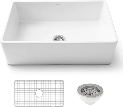 Vista 9 de Ruvati 23 x 18 pulgadas Fregadero de Cocina de Arcilla Refractaria, Modelo Farmhouse con Delantal Delantero, de Una Cubeta - Blanco - RVL2468WH