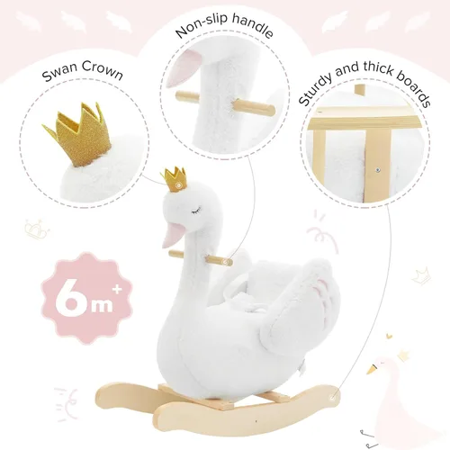 Vista 6 de labebe Caballo mecedor de cisne blanco para niños, animal de peluche en madera para niños de 6 meses, para niños y niñas/guardería, regalo