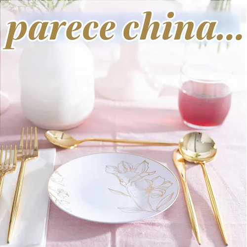 Vista 4 de Plasticpro - Platos de fiesta con diseño floral de plástico blanco con borde dorado, platos desechables pesados, elegantes y de alta calidad