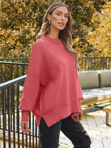 Vista 123 de Lillusory - Suéter extragrande con mangas de murciélago y cuello redondo para mujer, prenda moderna de otoño de tejido de punto sin botones