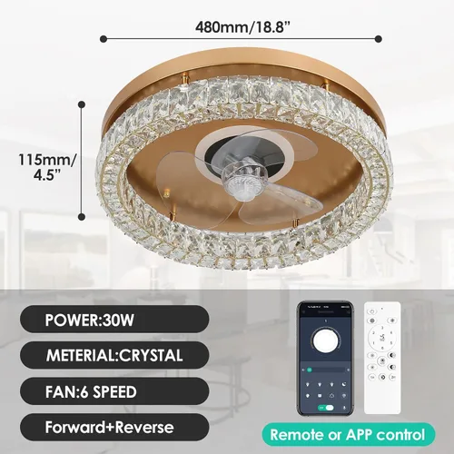 Vista 6 de CLAIRDAI Ventiladores de techo de cristal con luces, ventilador de techo de montaje empotrado con control remoto, ventilador de techo de perfil bajo