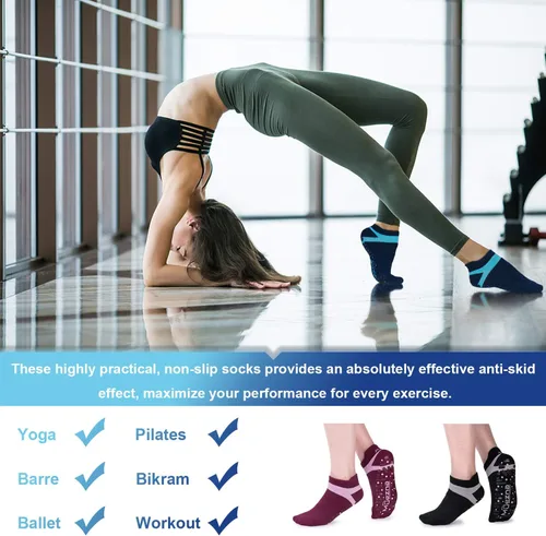 Vista 23 de Muezna Calcetines de yoga antideslizantes para mujer, antideslizantes, para pilates, barras, calcetines de hospital con agarres, talla 5-10