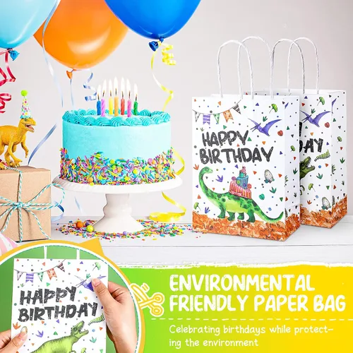 Vista 6 de Containlol 16 bolsas de papel para fiesta de cumpleaños de dinosaurio, bolsas de regalo de cumpleaños con asa para niños y niñas, temática