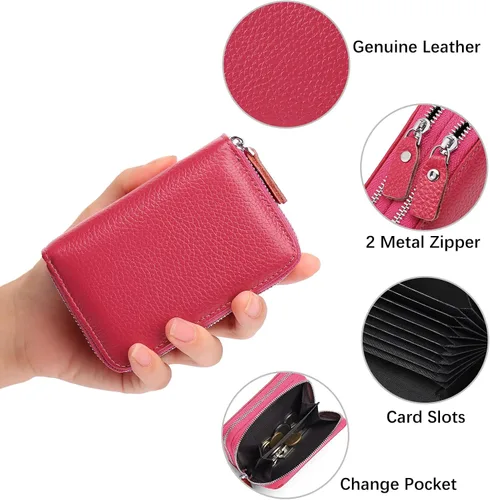 Vista 3 de GOIACII Cartera de tarjeta de crédito para mujer de cuero genuino, A02 Rosa Caliente, Classic