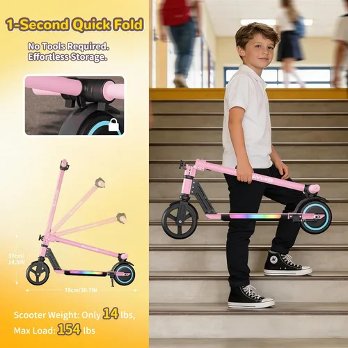 Vista 3 de SIMATE Electric Scooter for Kids 6-14, e Kick Scooter with LED Display and Colorful Lights, Adjustable Height and Foldable, Double Brake, Gifts for