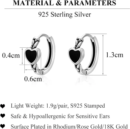 Vista 7 de SLUYNZ Aretes de aro de plata de ley 925 con forma de corazón negro para mujeres, adolescentes y adolescentes