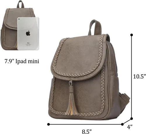 Vista 4 de KKXIU Bolso pequeño de la mochila del cuero sintético de la manera para las mujeres y las niñas adolescentes con la borla, Caqui, Viajar