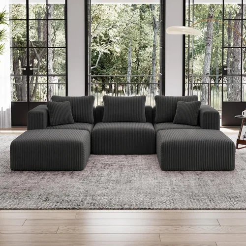 Vista 28 de Avenco Sofá seccional modular de 6 asientos de 141 pulgadas, tela de pana Negro