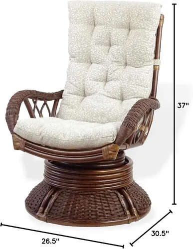 Vista 2 de Sillón mecedor giratorio Alexa color nogal oscuro, mimbre de ratán natural, diseño hecho a mano con cojín