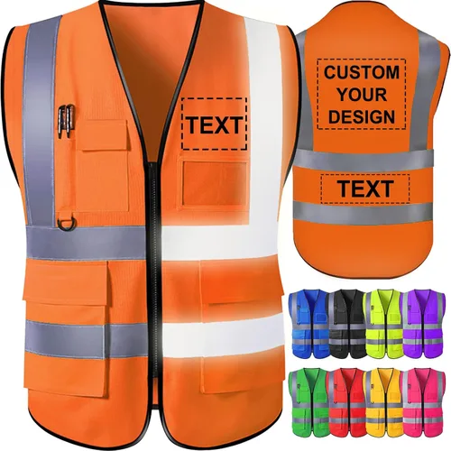 Vista 8 de Chaleco de seguridad personalizado para hombre con bolsillos con logo, chalecos reflectantes de alta visibilidad para construcción, ropa