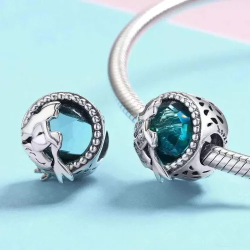 Vista 2 de Abalorio de cola de sirena azul y concha de plata de ley 925 con dije de océano para pulsera y collar
