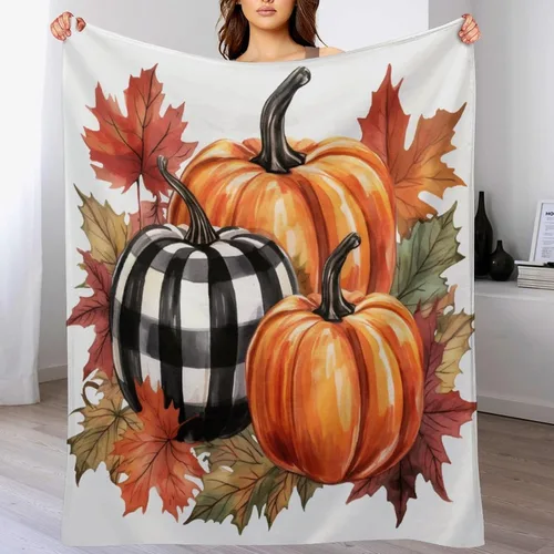Vista 7 de Manta de lana cuadriculada con diseño de calabaza, hojas de arce, Acción de Gracias, manta de cama para otoño, Acción de Gracias, ligera, súper