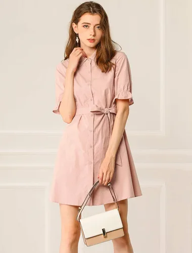 Vista 2 de Allegra K Womens 2023 Summer Ruffled Short Sleeve Cotton Solid Color Belted Button Down Shirt Dress