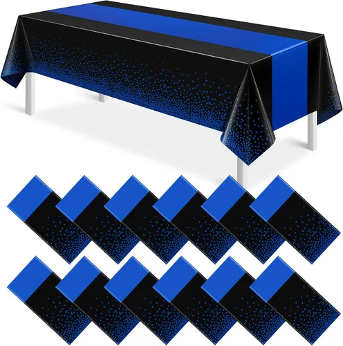 Vista 29 de MASHAN 1 mantel negro y azul para decoración de fiesta, mantel de plástico negro impreso azul, funda rectangular desechable para cumpleaños, boda
