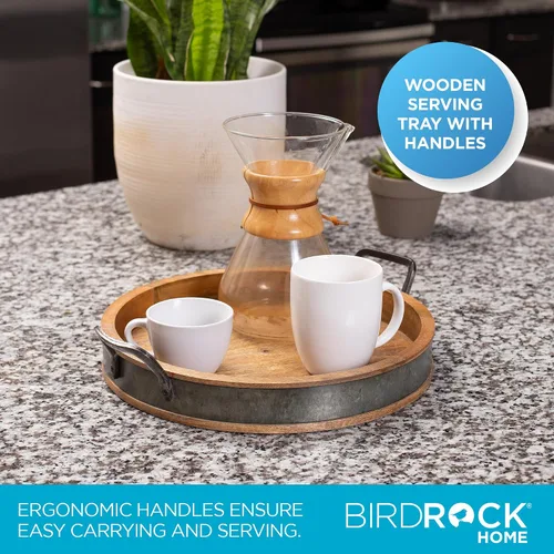Vista 4 de BIRDROCK HOME Bandeja Grande Redonda de Madera para Servir con Asas y Acentos de Hierro - Bandeja Redonda de Barril para Sala de Estar, Cocina