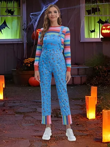 Vista 2 de Disfraz de dibujos animados de Halloween para mujer, overol azul y camisa a rayas