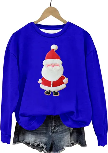 Vista 5 de Sudadera gráfica dibujos animados Santa para mujer, sudaderas cuello redondo, estampado 3D, mangas caídas, jersey