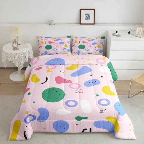 Vista 43 de Juego de edredón de estilo retro de los años 80, juego de ropa de cama de patrón geométrico abstracto, diseño urbano moderno con círculos