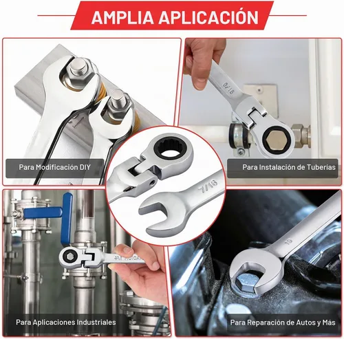 Vista 6 de Pilida - Llave combinada de trinquete de cabeza flexible de 7/16 pulgadas, llave de grado industrial SAE de 12 puntos, diseño de 72 dientes, llave