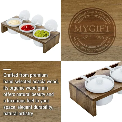 Vista 6 de MyGift Juego de Servir de Condimentos de 10 Piezas Incluye Bandeja de Presentación Elevada de Madera Sólida de Acacia Premium y 3 Cuencos