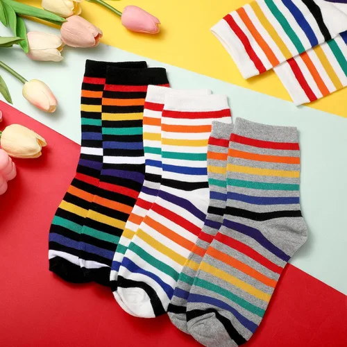 Vista 7 de Bencailor 6 pares de calcetines deportivos de algodón a rayas, diseño de arco iris, calcetines tobilleros de algodón, casuales, multicolor, unisex