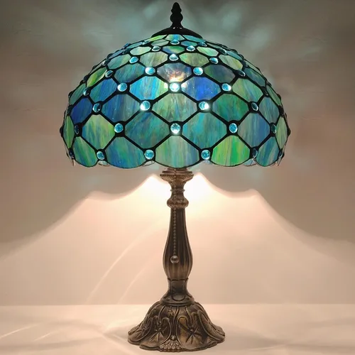 Vista 4 de Tiffany Lamp Stained Glass Table Lamp Bedside Reading Light W12H19 Inches (Sea Blue Pearl Style)