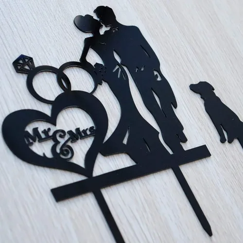 Vista 2 de Anillo de diamantes para boda, pareja de besos, diseño de corazón y madre, decoración para tartas, novia y novio con silueta de perro, acrílico negro