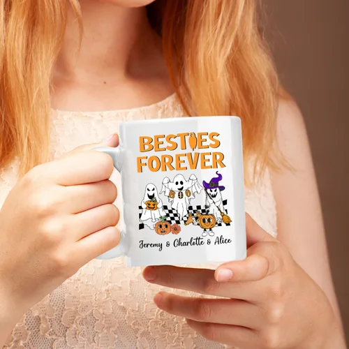 Vista 5 de Taza de café blanca personalizada de Halloween Besties, Besties Forever y 3 tazas de café Boo de 11 onzas y 15 onzas, bonita taza de cerámica Boo