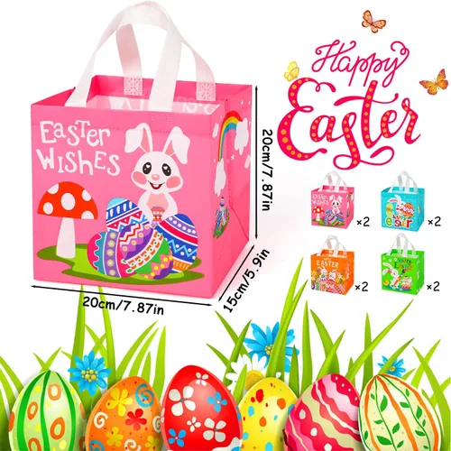 Vista 5 de SULOLI Bolsas de regalo de Pascua, bolsas de compras no tejidas de Pascua con asas para fiestas de vacaciones (paquete de 8), Verde, naranja, rosa