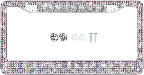 Vista 5 de Marcos de matrícula multicolor con diamantes de imitación brillantes para mujer, cubierta de matrícula de metal a prueba de óxido, accesorios
