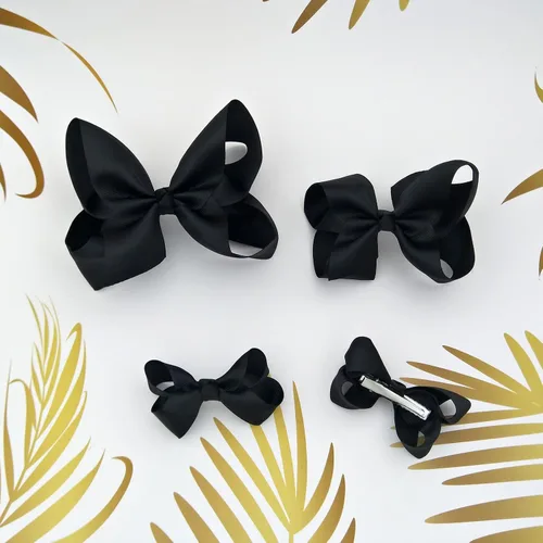 Vista 2 de Moños negros para niñas, 6 piezas de moños de cinta de grogrén hechos a mano con pinzas de cocodrilo, accesorios para el cabello para niñas