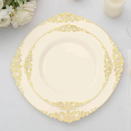 Vista 48 de Efavormart - Paquete de 10 platos de postre barrocos negros y dorados de 8 pulgadas, platos de aperitivo resistentes con borde metálico en relieve
