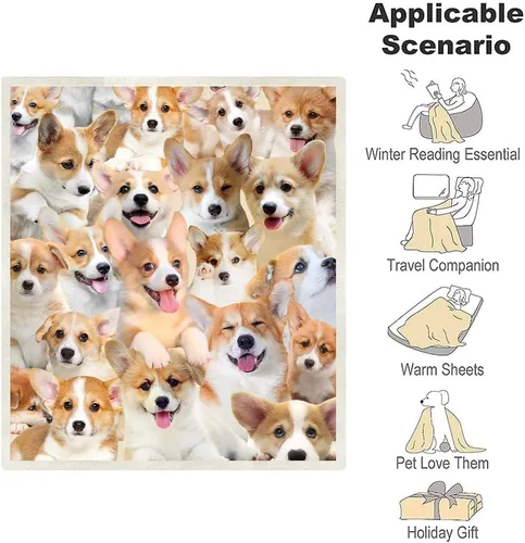 Vista 3 de Manta de regalo Corgi, manta de perro de dibujos animados para amantes, niños, niñas, adultos, bonita decoración de cachorro, 50 x 60 pulgadas