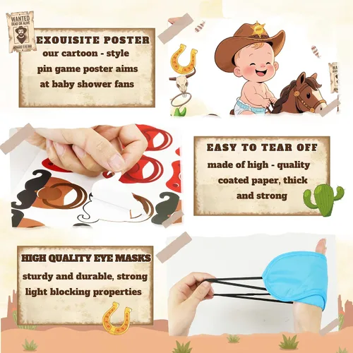 Vista 7 de GLURUITE Pin The Chupete On The Cowboy Baby Shower Juego incluye póster grande, 24 calcomanías para chupete, juego para vendar los ojos