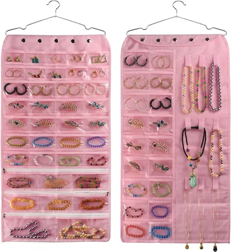 Vista 16 de BB Brotrade Organizador colgante de joyas, organizador de accesorios, organizador de 80 bolsillos para guardar joyas (beige)