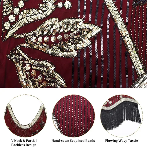 Vista 3 de Vestido flapper de los años 20, cuello en V, lentejuelas y flecos, disfraces de los años 20 para mujer, vestido vintage Art Deco con accesorios