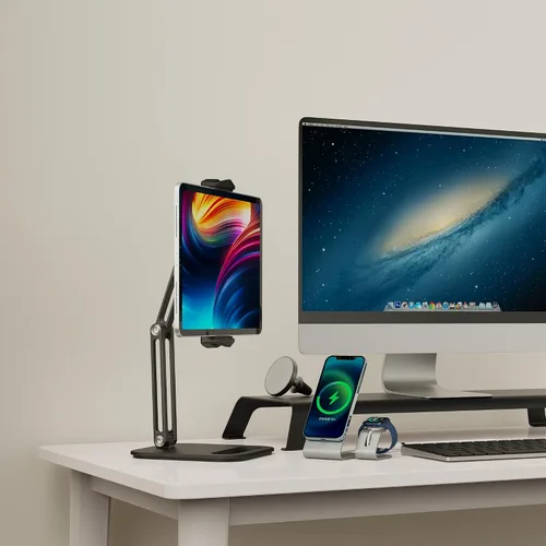 Vista 2 de Soporte ajustable para tablet de 360° para escritorio, soporte de brazo de tableta de aleación de aluminio compatible con iPad Pro/Air/Mini, Kindle
