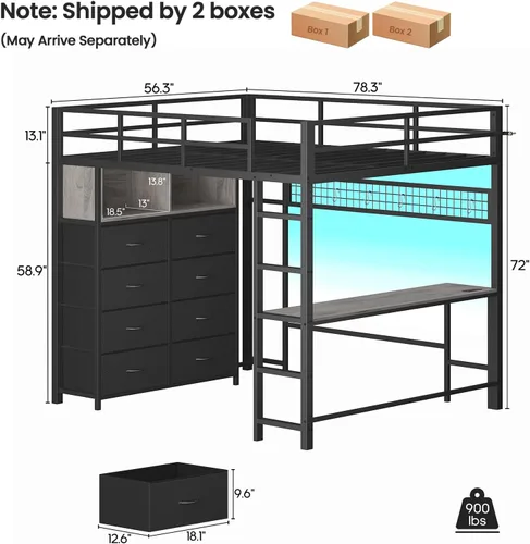 Vista 2 de ADORNEVE Cama tipo loft de tamaño matrimonial con escritorio y 8 cajones de Gris