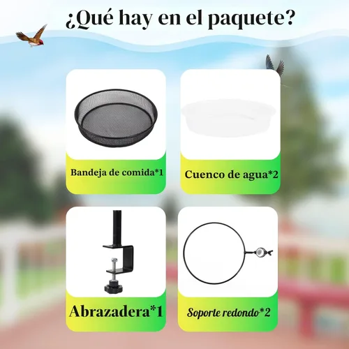 Vista 7 de HRAYLTOP Comederos para pájaros de cubierta con bandeja de malla metálica y 2 cuencos de agua, soporte de abrazadera desmontable ajustable