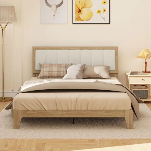 Vista 6 de HOMCOM Base de cama tamaño Queen con cabecera tapizada, marco de cama de plataforma con listones de madera, no necesita somier, fácil montaje