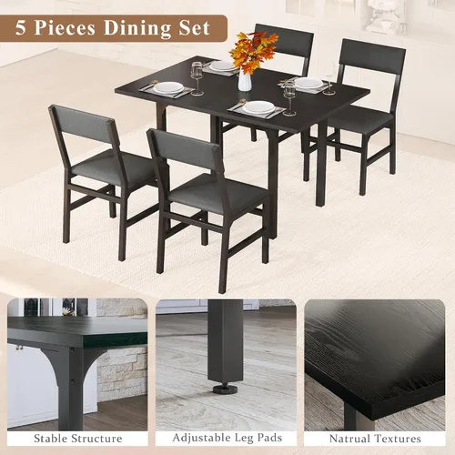 Vista 7 de HUAHUU Juego de mesa de comedor para 4, juego de mesa de cocina extensible con cojines y sillas, conjunto de 4, mesa de comedor rectangular