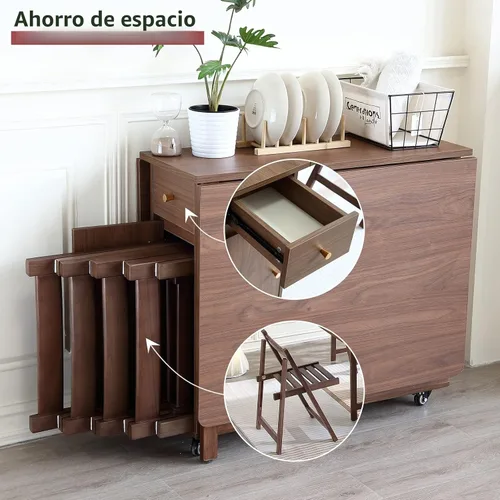 Vista 4 de COMUHOME Mesa de comedor extensible plegable con hoja abatible, con 2 cajones y 4 ruedas para sala de estar, cocina, estilo granja, mesa ahorradora