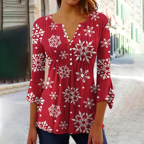 Vista 2 de Blusa de Navidad para mujer, con manga 34, con botones, cuello en V, sin botones, con dobladillo curvado suave