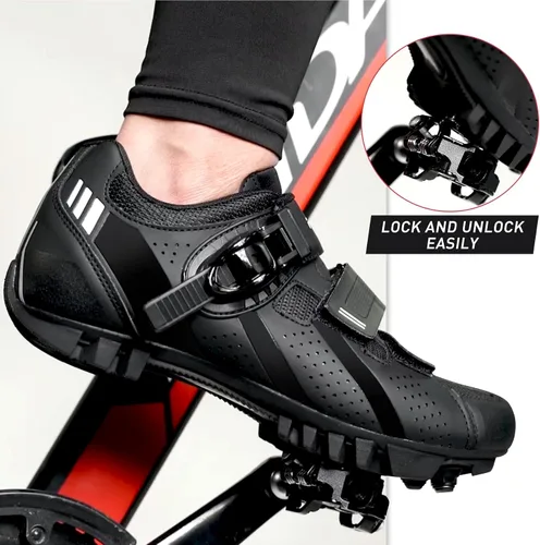 Vista 6 de FENLERN Zapatos de ciclismo para hombre, zapatos de bicicleta de montaña MTB con hebilla de trinquete rápida, para montar en interiores