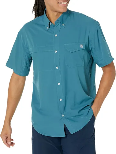 Vista 36 de HUK Men's Tide Point Kc Scott Original Artwork Short Sleeve Shirt, Fishing Button Down Negro